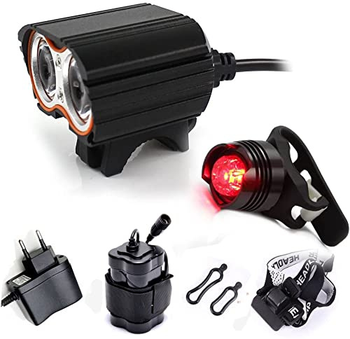 LUZ Bicicletas Linterna LáMPARA para Bicicletas Bici 2X LED Frontal para Manillar de Bicicleta (2 focos, 5000 Lumens, 4 Modos) con 2 x Luz Luces Lámpara Trasera para Bici Bicicleta