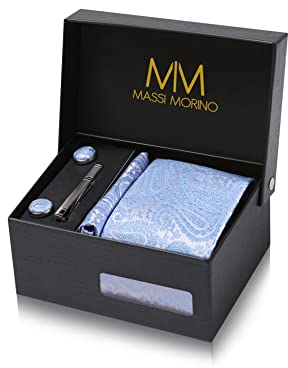 Massi Morino Krawatte Paisley Hellblau mit Einstecktuch Set Herren inkl. Manschettenknöpfe, Krawattennadel und Geschenkbox - Männer Krawattenset
