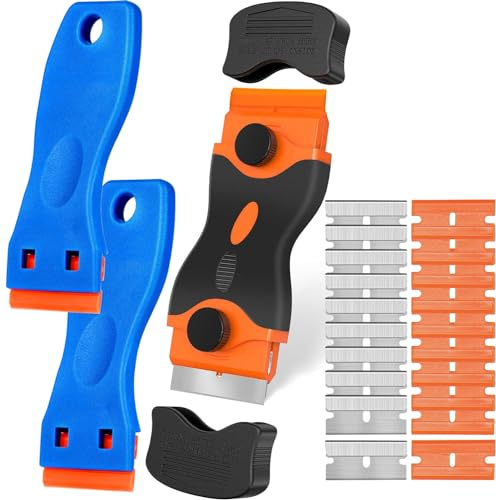 Gebildet Ensemble d'outils de Grattoir de Nettoyage, 1pc Grattoir à Double Tête + 2pcs Grattoirs en Plastique avec 20 Lames – Grattoir pour Plaque de Cuisson en Céramique/Grattoir à Film de Voiture