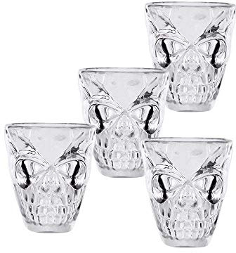 Boland 71996 - Satz Schnapsgläser Schädel, 4 Stück, aus Kunststoff, durchsichtig, 50 ml, Halloween, Mottoparty, Totenkopf