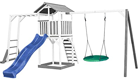 AXI Beach Tower Parco giochi in legno in grigio e bianco | Torre di gioco con sabbiera, telaio per arrampicarsi, altalena a nido e scivolo blu | Casa per bambini su palafitte per il giardino