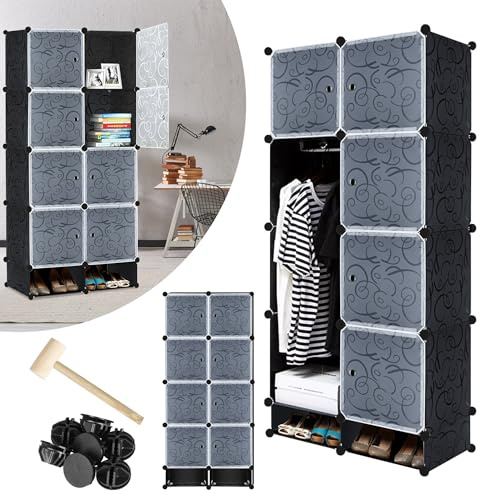 VA-Cerulean Regalsystem Steckregal aus Kunststoff Kleiderschrank mit Tür und Schuhregal Schrank Schlafzimmer Kombischrank für Kleidung,Bücher,Spielzeug(8 Würfel, Schwarz)