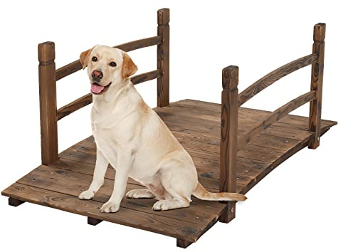 VINGLI 4 ft Garden Bridge, Arch Walkway Wooden Bridge with Safety Rails Carbonized Finished, Decorative Landscaping Footbridge for Koi Pond, Dry Creek Bed, Garden Pathway or Rustic Wedding Decor