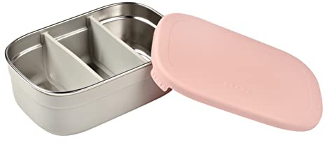 BÉABA, Lunchbox para niños, fiambrera, Bento, fiambrera en acero inoxidable, a prueva de fugas, con compartimentos, funda de silicona, 760mL, gris/rosa