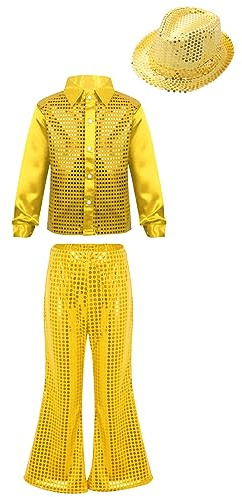 inhzoy Enfant Garçon Fille Chemise Paillette avec Pantalon Brillant Ensemble Danse Moderne Jazz Tenue Danse Rue Hip-hop Costume Disco Dance Performance 8-14 Ans B Or 11-12 ans