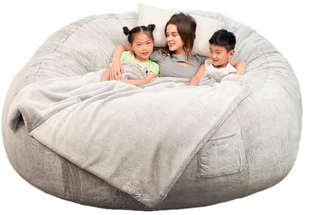 DAUTAI 7Ft Giant Comfy Bean Bag Bed, Fluffy Beanbag Comfortable Lounge Sofa, Surface Fluffy Full Three Dimensional Shaping, Room Beanbags Floor Chair (No Filler),Gray,XXL