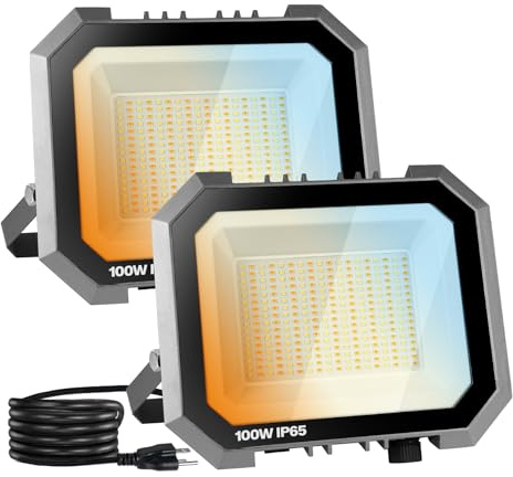 Leddictive - Paquete de 2 luces LED de inundación para exteriores, 3CCT 3000/4000/6000 K seleccionables 100 W 10000 lm, luz de trabajo exterior con enchufe de 5.9 pies, luz de inundación LED