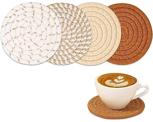 NCOALE Glasuntersetzer, Untersetzer Gläser Rund Tassenuntersetzer Set Getränkeuntersetzer Handgefertigt Geflochtenes Dickes Baumwollseil für Getränke, Bar, Tassen, Tischuntersetzer, 4 Stück