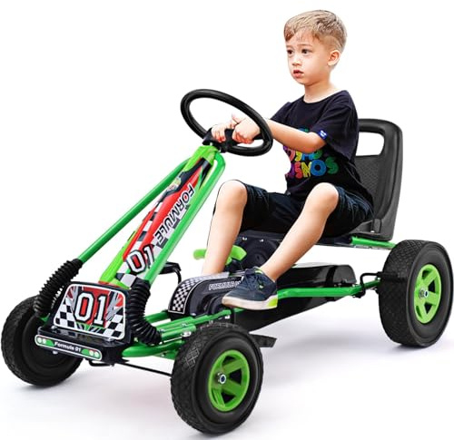 DORTALA Go Kart for Kids, 4 Wheel Off-Road Pedal Powered Go Cart with 2-Position Adjustable Bucket Seat, Safety Brakes, EVA Rubber Tires, Outdoor Ride On Racer Pedal Car for Boys & Girls (Green)
