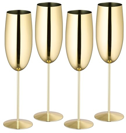 Relaxdays Sektgläser Edelstahl, 4er Set, bruchsicher, Lange Kühlwirkung, 250 ml, Champagnergläser für unterwegs, Gold