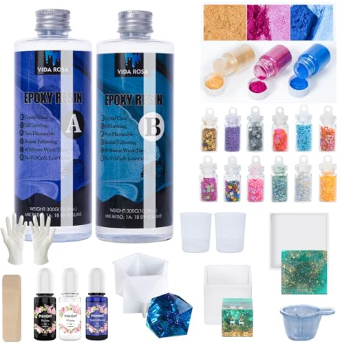 VidaRosa Kristallklares Epoxidharz-Set für Anfänger, 600 ml, Starter-Set mit Formen, Pigment, Harz-Zubehör, Beschichtung und Gießuntersetzer-Formen für Kunst, Handwerk, Schmuck