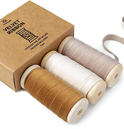 Vitalizart Khaki & Ivory & Nude Velvet Ribbon Set 3/8 x 5Yd x 3 Rolls, Wooden Spool, Fabric Trim for Christmas Wreath Decoration, Handmade Craft, Ornaments, Gift Wrapping & Bow Making