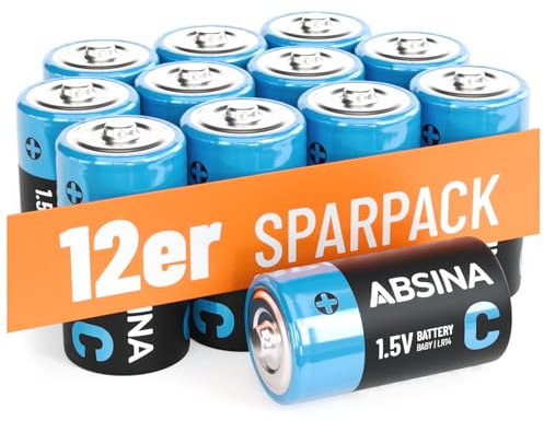 ABSINA 12x Baby C Batterien 1,5V Alkaline - Langlebige Batterien C LR14 für Taschenlampe, Spielzeug UVM - LR14 Batterie 1,5V, Batterien Baby C, Babyzellen Batterien 1,5V, Batterie C, Batterien LR14