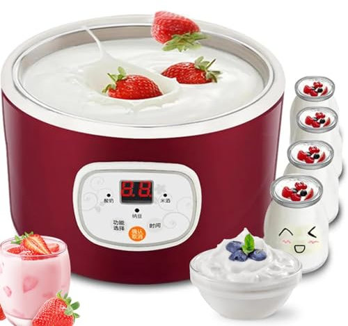 Yogurtera, Yogurtera Eléctrica de 1L con Tarro de Vidrio de 4 * 100 Ml, Fermentación y Temporización Termostática de 360°, Revestimiento de Acero Inoxidable, Yogurtera para el Hogar, Quesera, Natto