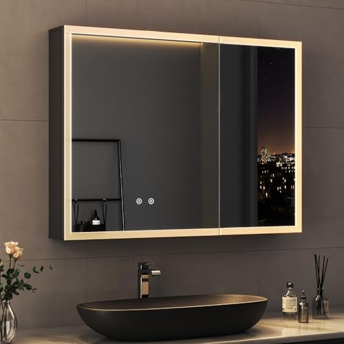 Hopibath Spiegelschrank Bad mit Beleuchtung 80x60x13cm LED Badezimmerschrank, Spiegelschrank schwarz mit Innen Spiegel und Beschlagfrei, 3 Lichtfarbe Dimmbar, mit Stecker