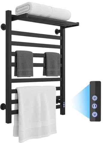 KAYOJU 8-Bar Towel Warmer with with Top Warmer Shelf, Electric Towel Rack Set with Fast Heating, Auto Shut-Off Timer, Matte Black Finish, Hardwired or Plug-in, Hot Towels in Bathroom