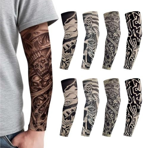AUEFUDQ 8 Pièces Manches de Tatouage pour Hommes Femmes, Couvre-manches pour Tatouages de Bras, Tatouage Temporaire Manchettes de Bras Faux Tatouage Tatoo pour Fête, Halloween, Carnaval