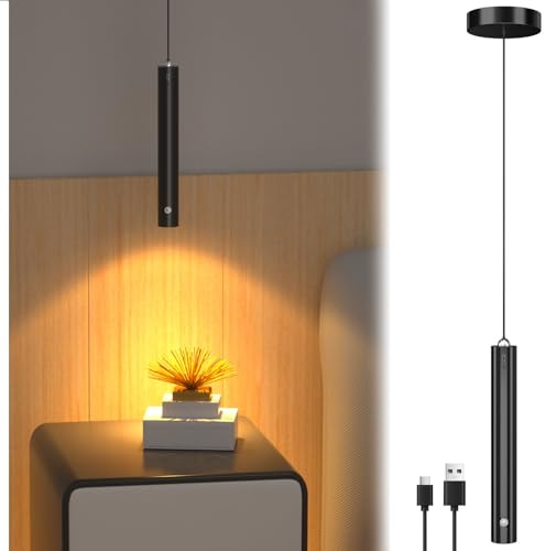 Lustaled Akku Pendelleuchte Schwarz, LED Hängelampe mit Batterie 3000mAh, Touch Dimmbar & Memory, 24° Spot Warmweiß 3000K Hängeleuchte ohne Strom für Esstisch Kücheninsel Schlafzimmer, Ø4x30cm