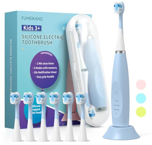 FUMEIKANG Elektrische Zahnbürste Kinder ab 3-12 jahre Kinderzahnbürsten Elektrisch Smart Timer 6 Weich Bürstenköpfes Wasserdicht Schallzahnbürste für Mädchen Jungen (blau)