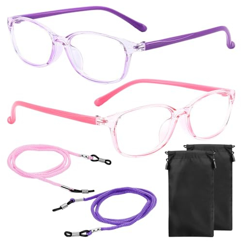 OAAO 2 Paires De Lunettes Anti-Bleues Pour Enfants, Y Compris Une Lanière De Lunette Anti-Chute, 2 Sacs De Rangement Pour Lunette Noires, Soulagement De La Fatigue Des Lunettes.