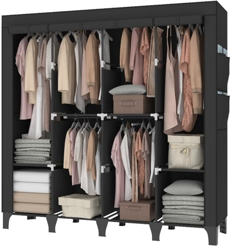 OPPAIYA Extra Large Canvas Wardrobe with 6 Hanging Rails, Portable Fabric Bedroom Wardrobes with 8 Shelves & 8 Side Pockets, Heavy Duty Temporary Clothes Storage, black, 175 x 45 x 170 cm