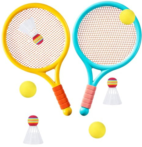 Kids Tennis Rackets Set, 2 Plastic Tennis Rackets and 3 Shuttlecocks and 3 Tennis Balls, Kids Tennis Set for Children Indoor Outdoor Sports Games，Good Companion for Company (Blue-yellow)