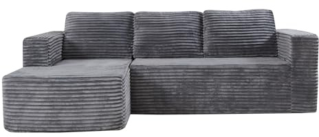 Panana L-Shape Corner Boneless Sofa,Modular Sectional Chaise Lounge, Boneless Couches,Corduroy Fabric Sofa Bed for Living Room – No Assembly Required (Grey, Left Chaise)