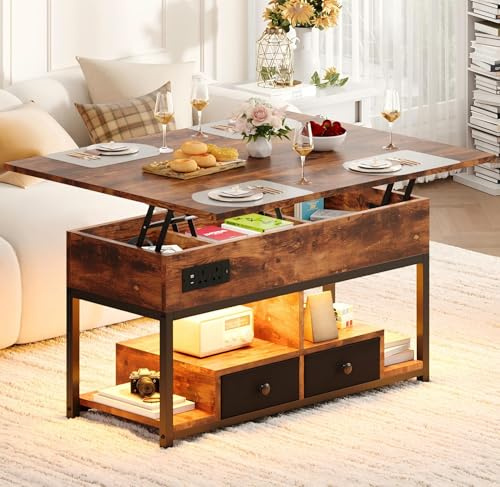 IRONCK Lift Top Coffee Table, Living Room Table with LED Lights, USB and Type-C Ports, Wooden Tea Table with Hidden Storage and 2 Drawers, Convertible Centre Table, 100×80cm, Retro Brown
