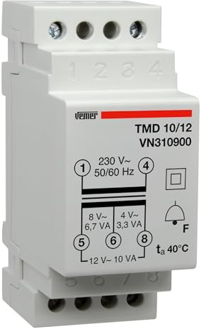 VEMER VN310900 TMD 10/12 - Klingeltrafo für Hutschienen, Trafo mit Primärspannung 230V, Sekundärspannung 4-8-12V und Leistung 10VA, Weiß