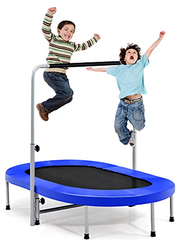 COSTWAY 2 Personen Trampolin mit höhenverstellbarm Haltegriff, Mini Trampolin bis 150kg belastbar, Kindertrampolin klappbar, Gartentrampolin für Kinder und Erwachsene (Blau)