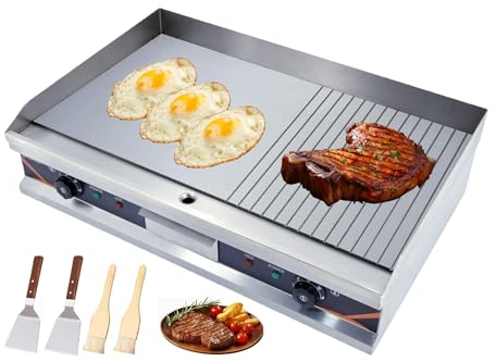 DULNICE Plancha Electrica Profesional de Acero Inoxidable 73 x 40 cm,2200W*2 Plancha Cocina Electrica de acero inoxidable, Temperatura Ajustable 50-300 °C Fácil para Barbacoa Restaurante