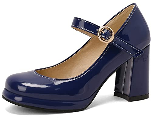 Bviennic Donna Punta Rotonda Tacco Alto A Blocco Mary Jane Pump Vestito Estate Sposa con Cinturino alla Caviglia Plateau Vernice Festa Scarpe Blu Numero 38 Eu-39Cn