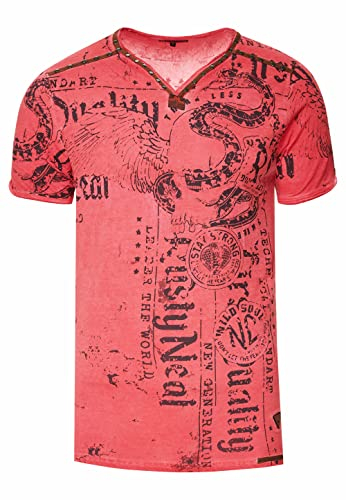 Rusty Neal T-Shirt Herren S M L XL XXL 3XL Wildlederband mit Zier-Nieten V-Neck Verwaschen Used-Look Regular Fit Skull X Wings X Snake Print 297, Farbe:Rot, Größe S-3XL:M