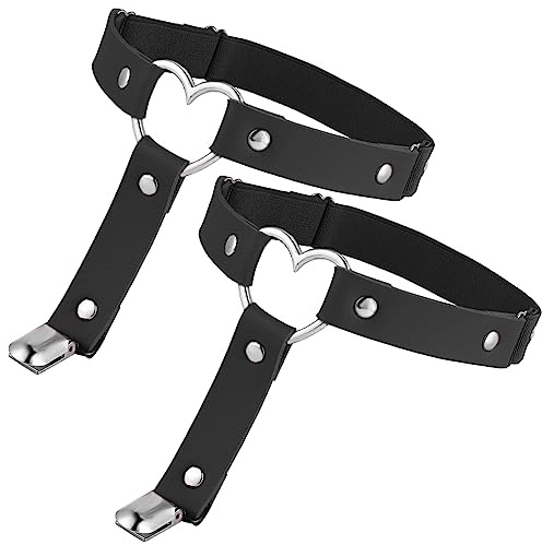 2Pcs Women's Leather Thigh Garter Heart Shaped Adjustable Leg Garter with Clips Punk Goth Garters for Thigh-high Socks (Black)
