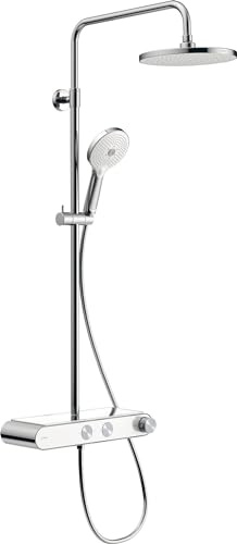 Duravit Duschsystem, vattenbesparande duschsystem, duschhuvud med 3 stråltyper (regn, puls, mono), justerbar i vinkel, duschset lätt att rengöra, duschsystem med termostat, krom/vit