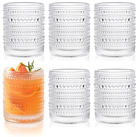 KMIGRUAN Hobnail Drinking Glasses Set of 6,12oz Vintage Glassware Embossed Vintage Water Cups Cocktail Glasses Juice Glasses
