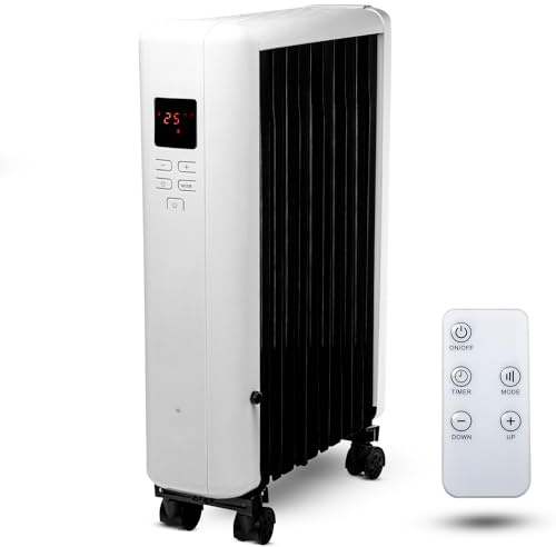 CUQOO Upgraded 2500W Portable Oil-Filled Radiator Heater – 10 Wavy ECO-Fins, Digital Thermostat & Remote Control. Energy-Efficient Space Heater with Overheat & Tip-Over Protection for Home Office