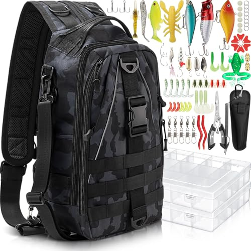 RoundFunny 85 Pcs Fishing Backpack with Tackle Boxes, Tackle Sling Bag with Rod Holder, Fish Lures Kit and Pliers Set, Easter Fishing Gift Basket for Men Women(Incognito Camouflage)