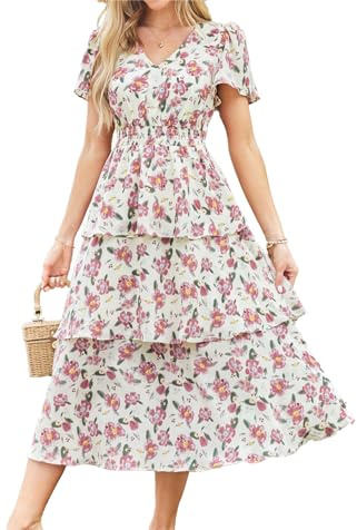 GRACE KARIN Womens Summer Floral Print Boho Dress Strappy Square Neck Tie Front A-Line Flowy Casual Dresses Apricot Flower M