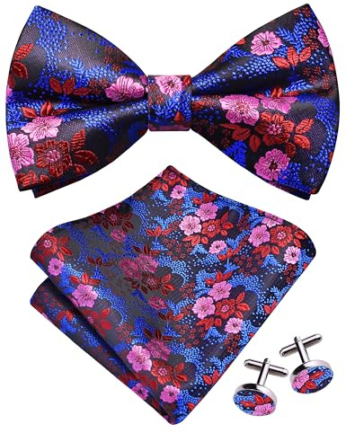 Gusleson Pink Red Blue Bow Tie and Pocket Square Set for Men Floral Pre-Tied Bowties Cufflinks for Wedding (UK0493-37)