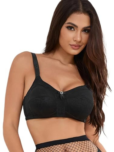 ohmydear Women's Non Wired Bras Mesh Everyday Ladies T Shirt Minimiser Bra Non Padded Full Coverage Wide Straps Plus Size Large Bust Bralette, 42D Black