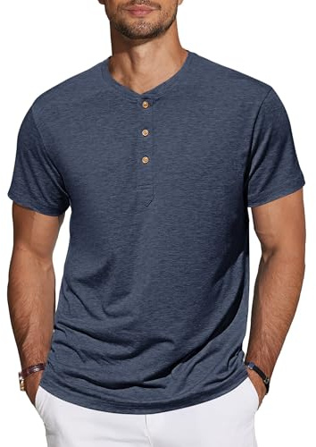 TARAINYA Henley T-Shirt Uomo Cotone Maniche Corte Maglietta Casual Comfortevole con Bottone Quotidiano/Ufficio/Spiaggia Blu Marino L