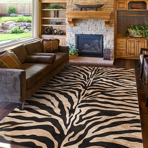 Zebra Print Rug, Brown Area Rug 5x7 Feet Zebra Rugs for Living Room Animal Rugs Carpet Animal Tiger Print Rug Black and Gold