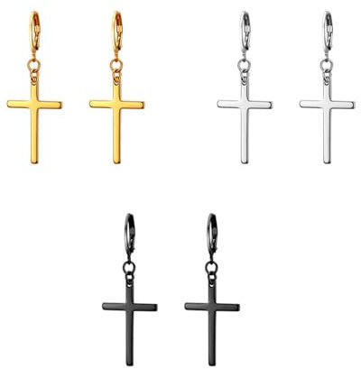 3 Pcs Cross Earrings,Stainless Steel Dangle Cross Earring for Women,Vintage Jewellery for Men,Mens Earrings Hoops,Men's Earring Hypoallergenic for Jewellery Gifts(Black,Silver,Gold)