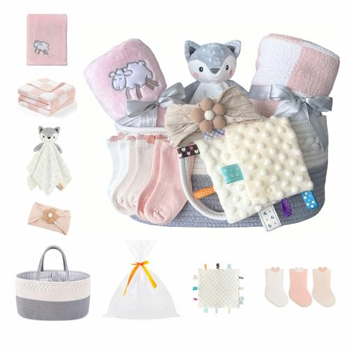 CREVENT, Juego de Cesta organizadora de pañales para niñas con 2 Mantas, 1 Taggie, 1 Lovey, 3 Calcetines, 1 Diadema, 1 Bolsa de Regalo con Cinta, Regalo Esencial para recién Nacidos, Rosa