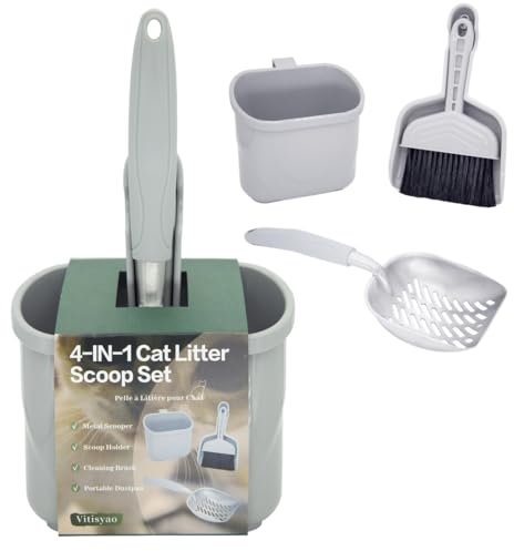 Vitisyao 4-IN-1 Cat Litter Scoop with Holder, Cat Litter Box Organizer Cleanup Kit - Sweeper & Dustpan, Aluminum Kitty Litter Scooper and Storage Caddy, Heavy Duty Cat Litter Box Cleaning Supplies