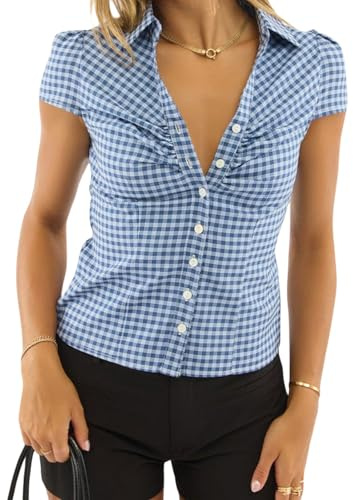 Women's Basic Button Down Shirts Cap Sleeve Lapel Collar Tight Blouse Tie Up Back Slim Fit Tops Summer Office Shirt (F-Blue, L)