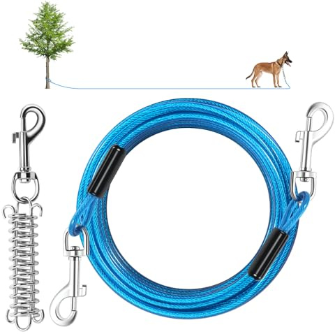Cable de amarre para perros, cable de plomo resistente de 15 pies con resorte de choque desmontable, cadenas de corredor de perros para patio exterior, camping, sostiene perros pequeños o medianos (15