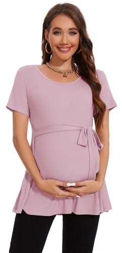 Smallshow Women's Maternity Clothes Tie Front Short Sleeve Pregnancy Tops,Pink,L