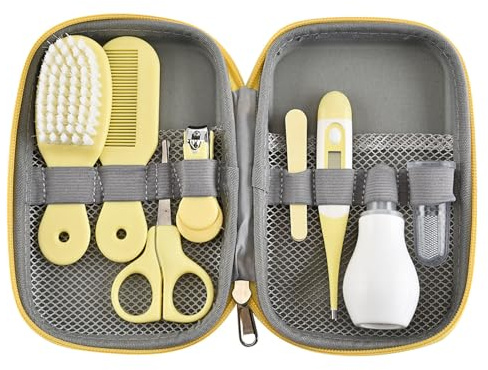 Kit de Aseo para Bebés, Set de Cuidado de Seguridad Portátil con Cepillo para el Cabello Cortauñas Limpiador de Nariz Cepillo de Dientes para Dedos Tijeras Cuidado del Recién (Yellow)